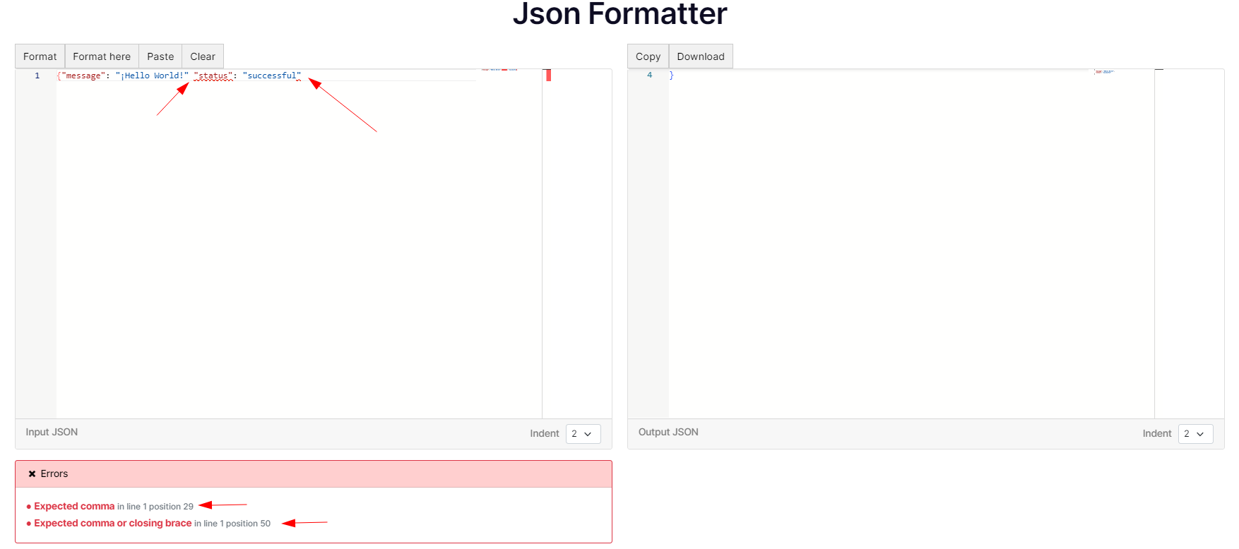 Errors in Json Formatter